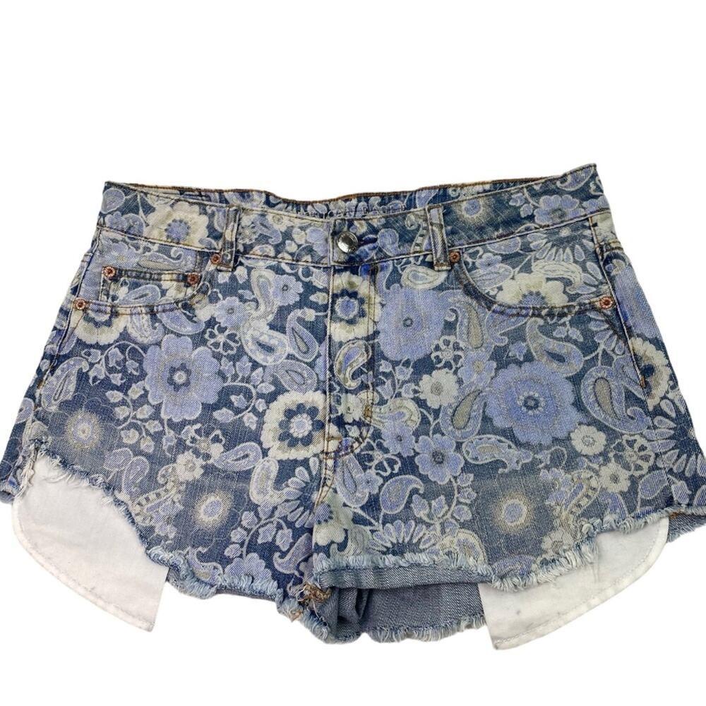 American Eagle Women's High Rise Festival Jean Shorts Blue Floral Size 12 Denim